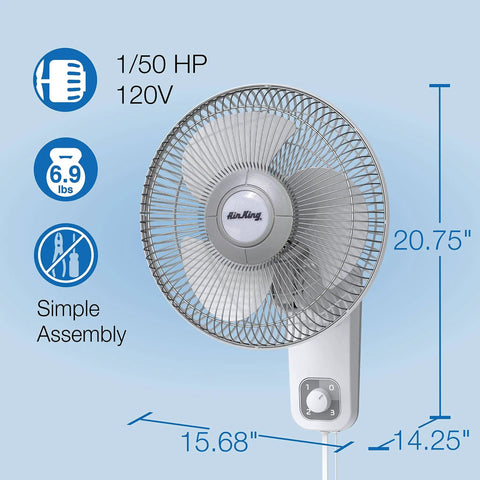 Commercial Grade Oscillating Wall Mount Fan, 12 Inch White with durable metal front grill and plastic rear grill shown in front view.
