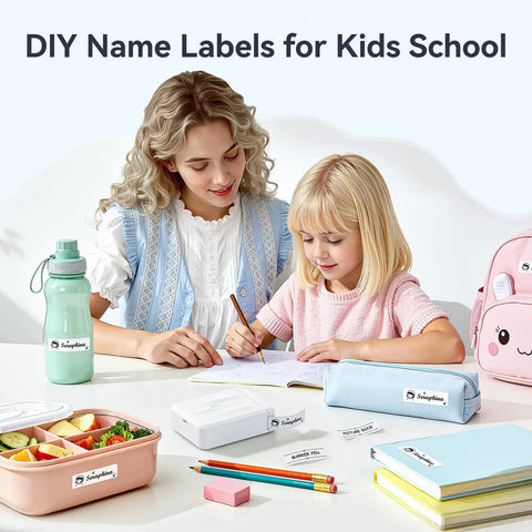Two children labeling school items with D110 Upgraded Mini Label Maker With Tape, Pocket Size Bluetooth Thermal Printer.