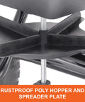 Rustproof poly hopper and spreader plate of 85 Pound Push Deluxe Broadcast Spreader For Seed And Fertilizer Walk Behind With Easy Cable Control Pro Grade Heavy Duty Rustproof Poly Hopper 10 Ft Spread Pattern 14,000 Sq Ft Coverage Smooth Rolling 10 Inch Tires Reliable Yard Application.