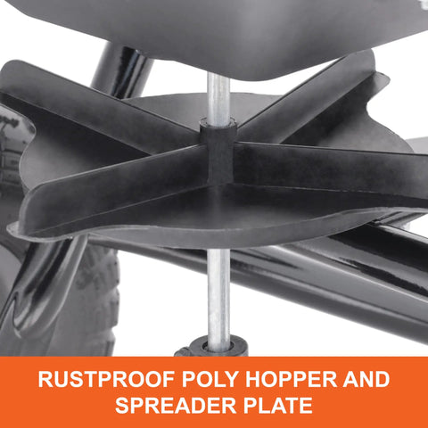 Rustproof poly hopper and spreader plate of 85 Pound Push Deluxe Broadcast Spreader For Seed And Fertilizer Walk Behind With Easy Cable Control Pro Grade Heavy Duty Rustproof Poly Hopper 10 Ft Spread Pattern 14,000 Sq Ft Coverage Smooth Rolling 10 Inch Tires Reliable Yard Application.