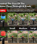 Control water flow with blue and red knobs in Plug And Play Drip Irrigation Kit With 230 Feet Of Quick Connect Tubing for gardens.