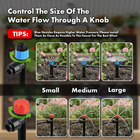 Control water flow with blue and red knobs in Plug And Play Drip Irrigation Kit With 230 Feet Of Quick Connect Tubing for gardens.