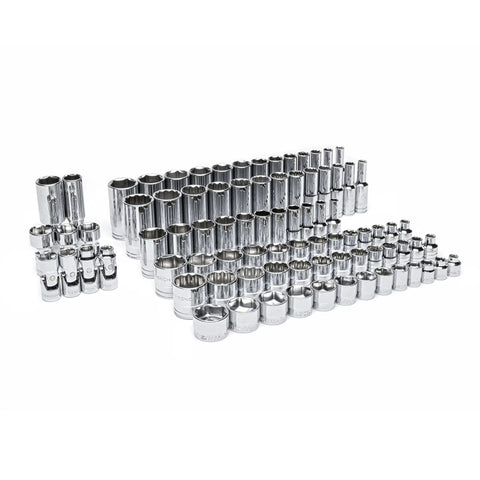 85 Piece Three Eighth Inch Drive Master SAE Socket Set In Foam Tray Garage Ready Pro Grade Kit With 6 And 12 Point Standard And Deep Sockets