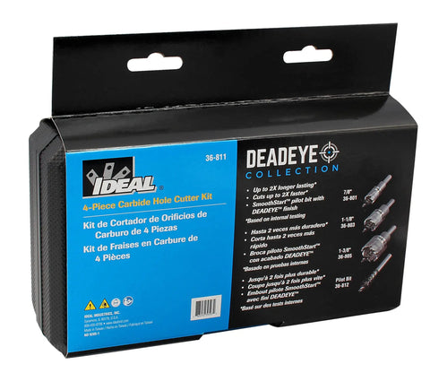 Deadeye Carbide Tipped Hole Cutter Kit 4 Piece Set With Replacement Pilot, Six Flat Shank, packaged box with product details.