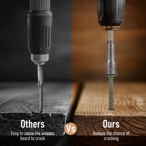 Comparison of Heavy Duty Hex Drive Wood Screws Eight Inches Long Structural Lag Bolts showing reduced cracking risk on wood.