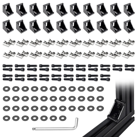 Beefy Black 4040 Aluminum Extrusion Corner Bracket Kit layout with 20 corner brackets, 40 M6 spring T nuts, screws, and wrench.