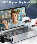 Global Shutter 90fps USB Camera With 10X 5-50mm Varifocal Lens connected to a laptop via USB, showing plug and play feature.