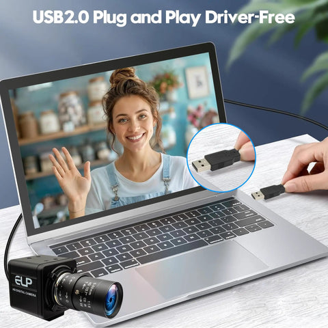 Global Shutter 90fps USB Camera With 10X 5-50mm Varifocal Lens connected to a laptop via USB, showing plug and play feature.