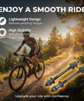 Cyclist on mountain trail with 1 Pair Front And Rear Bicycle Solid Axle Set With 14cm Front And 18cm Rear Shafts, hub axles shown