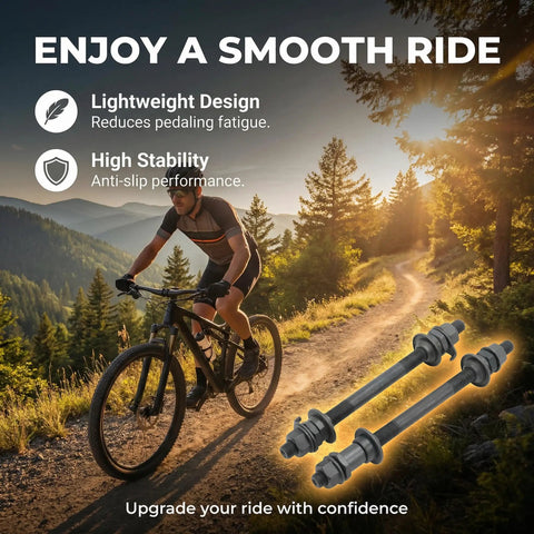 Cyclist on mountain trail with 1 Pair Front And Rear Bicycle Solid Axle Set With 14cm Front And 18cm Rear Shafts, hub axles shown