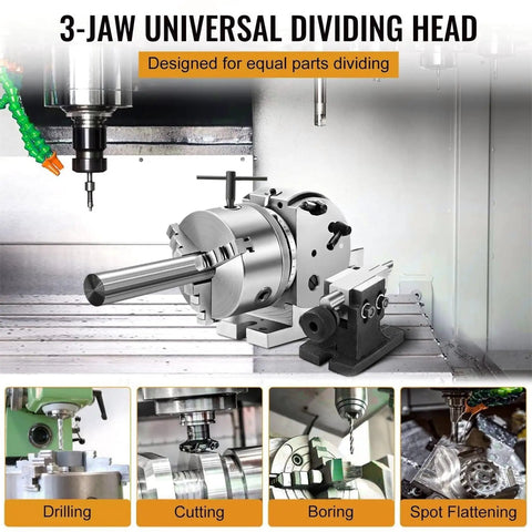 Rock Solid Heavy Duty Dividing Head With Three Jaw Chuck, Ultra Precise 1:40 Indexing Ratio For Rotary Tables And Cnc Mills, Killer Shop Beast Attachment in machine setup.