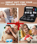 Must Have All In One Golf Accessories Set With Leather Case For Men And Women with golf tools beside gift-giving scenes.