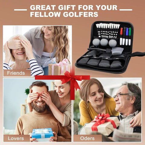 Must Have All In One Golf Accessories Set With Leather Case For Men And Women with golf tools beside gift-giving scenes.