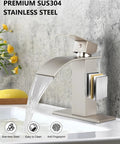 Waterfall Spout Bathroom Faucet With Single Handle 1 Hole Mount Modern RV Lavatory Vanity Basin Tap Brushed Nickel Finish.
