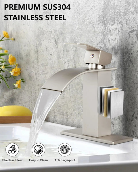 Waterfall Spout Bathroom Faucet With Single Handle 1 Hole Mount Modern RV Lavatory Vanity Basin Tap Brushed Nickel Finish.