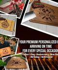 Personalized engraved wooden cutting board set with grill-themed designs for BBQ lovers