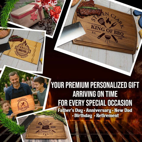Personalized engraved wooden cutting board set with grill-themed designs for BBQ lovers