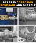 Comparison of brass vs iron fittings, highlighting corrosion resistance and durability. Brass fitting with label on top left.