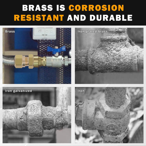 Comparison of brass vs iron fittings, highlighting corrosion resistance and durability. Brass fitting with label on top left.