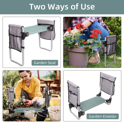 Go To Garden Kneeler And Seat Foldable Gardening Stool With 2 Tool Pouches and EVA Foam Pad in green shown as seat and kneeler