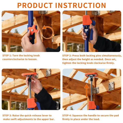 Heavy Duty Steel Support Pole Kit Adjustable Telescoping Jamb Extender Drywall Hoist And Dust Barrier Floor To Ceiling Jack Stand 4 Pack usage instructions with locking knob adjustments.