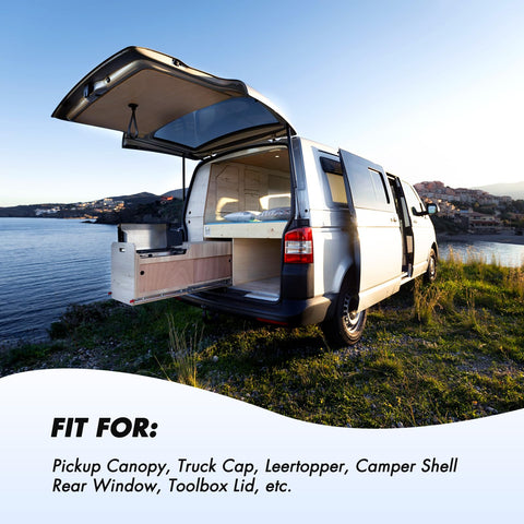 Heavy Duty Gas Lift Struts For Pickup Truck Camper Shell Smooth Rear Window Canopy Support Set That Swaps In No Sweat 18 Inch extended height.