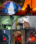 Collage showcasing various lighting uses: camping light, helmet light, night walking, bike taillight, emergency, backpack, pet.