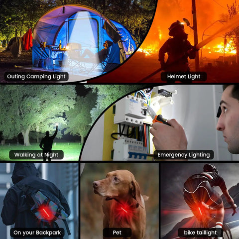 Collage showcasing various lighting uses: camping light, helmet light, night walking, bike taillight, emergency, backpack, pet.