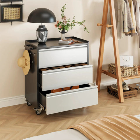 Heavy Duty Metal Rolling Tool Storage Cabinet With Drawers And Side Pegboards Left Handle Lockable Casters Garage Workshop Utility Cart On Wheels 18.11 In Deep 30.3 In Wide 35.4 In High Assembly Required next to lamp and hat.