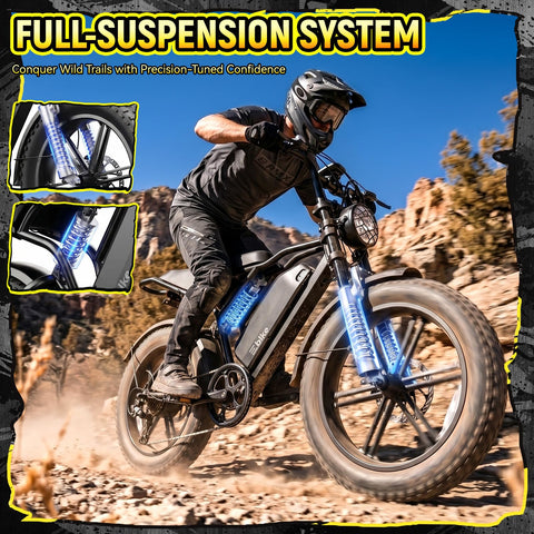 Rider on All Terrain Beast Electric Fat Bike With 1500W Peak Motor Dual Suspension And 20X4 Fat Tires on rocky trail