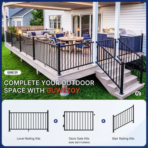 Built Tough 36 Inch Height By 12 Foot Width Modular Aluminum Porch And Deck Railing Kit With Rust Free Coating And Easy Install For Backyard Deck Upgrades on a modern wooden deck.