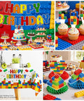 Complete Building Block Birthday Bash Decor Kit In One Box with cupcakes, tableware, and vinyl tablecloth for kids parties.