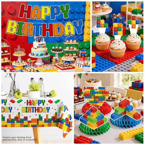 Complete Building Block Birthday Bash Decor Kit In One Box with cupcakes, tableware, and vinyl tablecloth for kids parties.