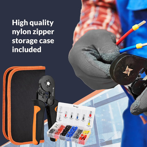 Ferrule Crimping Tool Kit With Wire Crimper, Pro Grade Nylon Storage Container, And 1,200 Electrical Wire Connectors