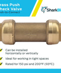 Front view of Three Quarter Inch Push To Connect Brass Check Valve For Water Lines And Plumbing Fittings PEX Copper CPVC PERT HDPE
