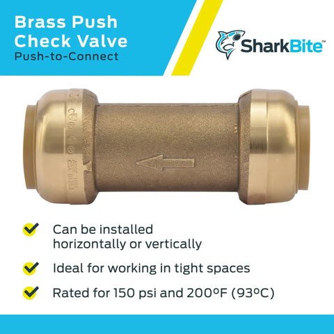 Front view of Three Quarter Inch Push To Connect Brass Check Valve For Water Lines And Plumbing Fittings PEX Copper CPVC PERT HDPE