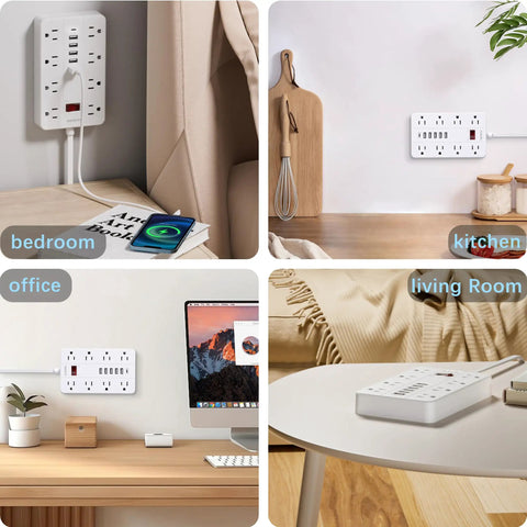 Flat Plug Power Strip With USB Charging Ports, 8 Widely Spaced Outlets And 6 USB Ports Including 1 USB C Port, 5 Foot Extension Cord, Desk Charging Station For Home Office And Gaming Setups, White on wall