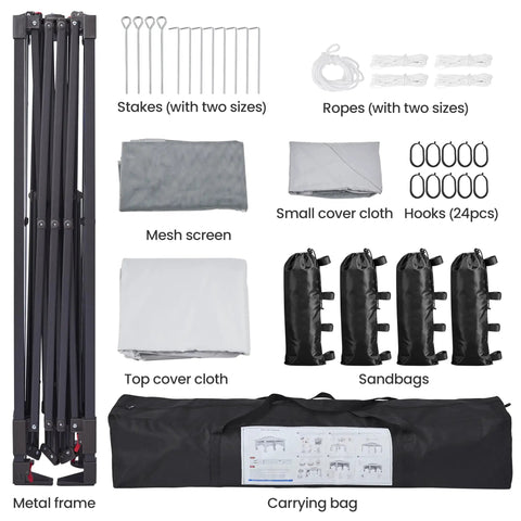 Parts of Easy Up 11x11 Pop Up Gazebo Shelter With 4 Sandbags, Instant Patio Canopy Tent, 2 Tier Roof, Mesh Netting displayed