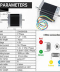 NEMA 23 dual shaft stepper motor specifications chart with wiring colors and parameters for 23HS8430B model.