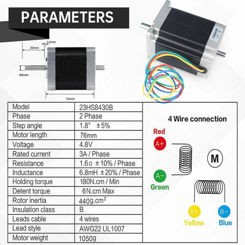 NEMA 23 dual shaft stepper motor specifications chart with wiring colors and parameters for 23HS8430B model.