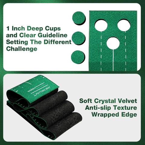Indoor Golf Putting Green Game Set With Metal Putter And Balls, 8.5 Ft Velvet Track Three Hole Putt Mat textures and design details
