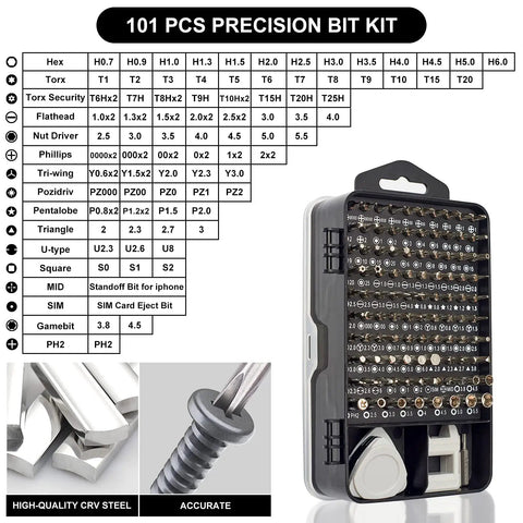 Real Deal Precision Screwdriver Set Featuring 124 Tools Including 101 Driver Bits For Slick Electronics Mobile Phone Laptop And Gaming Console Repairs Built Tough For Quick Fixes, showing 101 precision bits in a durable case.