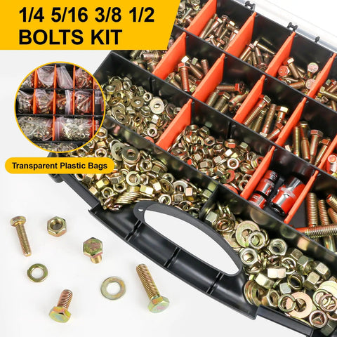 SAE Grade 8 Bolt And Nut Kit With Washers, Beefy Heavy Duty Alloy Steel Hex Cap Screws, 1/4-20 To 1/2-13 Sizes, Yellow Zinc Plated