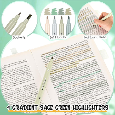 Image of 4 gradient sage green highlighters in Back To School Stationery Kit With 38 Piece Aesthetic School Supplies Set