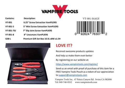Open box showing the World's Best Pliers VT-001-S4AGS set with four red-handled pliers for rusted screws and tough fasteners.