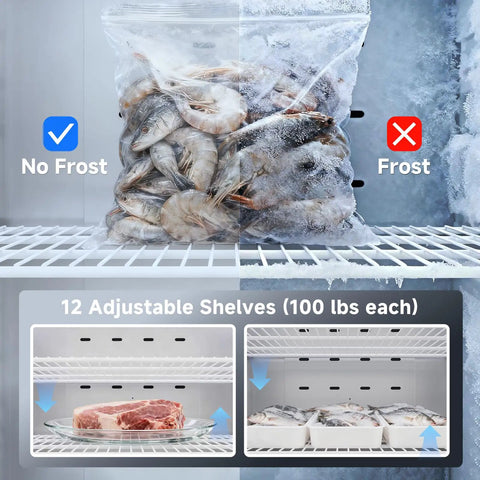 Built Different Commercial Reach In Upright Freezer With Three Solid Doors 72 Cubic Feet showcasing no frost feature and adjustable shelves.