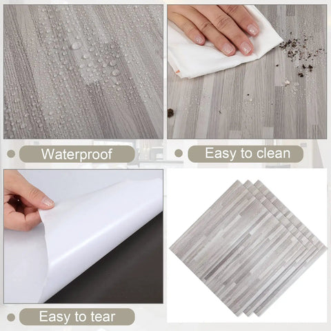 No Fuss Peel And Stick Wood Grain Vinyl Floor Tiles 12 By 12 Inch 48 Pack Waterproof Self Adhesive Flooring shown waterproof, easy to clean.