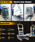 Heavy Duty Powered Electric Track Stair Climber Hand Truck Dolly With Joystick And Separate Track Control For Moving Heavy Loads Up To 683 Lbs Easily Without Hurting Your Back Great For Furniture And Appliances in use with office equipment on stairs.