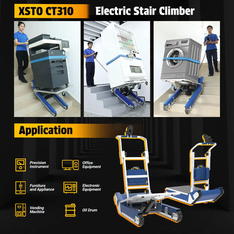 Heavy Duty Powered Electric Track Stair Climber Hand Truck Dolly With Joystick And Separate Track Control For Moving Heavy Loads Up To 683 Lbs Easily Without Hurting Your Back Great For Furniture And Appliances in use with office equipment on stairs.