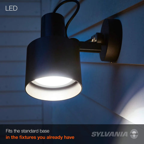250W Equivalent LED PAR38 Flood Light Bulb 23W on outdoor wall fixture, illuminating with 2650 lumens, daylight 5000K